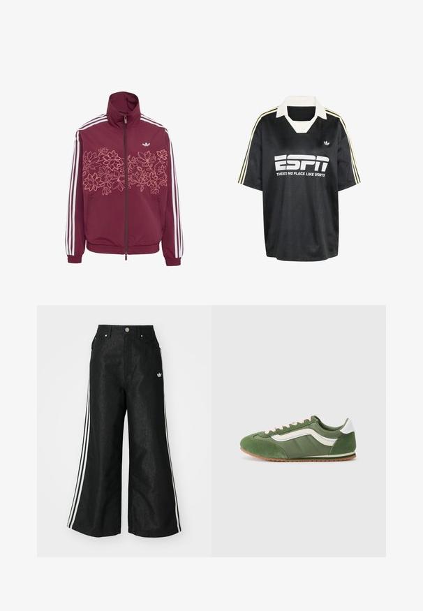 Bordeauxkleurig sportjack met witte strepen op de mouwen, lichtroze bloemenomtrek ontwerp over de borst, volledige ritssluiting aan de voorkant en ritssluiting-zijzakken.; Zwart sportshirt met een witte kraag, voorzien van een groot "ESPN" logo en tekst. Drie witte en gouden strepen op elke mouw. Gestructureerde stof.; Zwarte denim broek met wijde pijpen, voorzien van drie witte strepen aan elke zijkant en een klein wit logo. Heeft voorzakken en een knoopsluiting.; Groene sneakers met een mix van gestructureerd suede en gladde stof, met witte accenten, roze veters en een bruine rubberen zool.