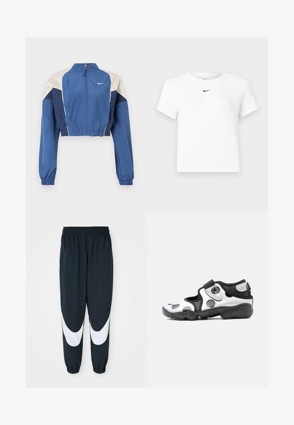 Gekürzte blaue Jacke mit weißen und marineblauen Farbakzenten, hohem Kragen, Reißverschluss vorne, elastischen Bündchen und glänzender Textur. Nike-Logo auf der Brust.; Weißes, kurzärmeliges Nike-Bauchfreies T-Shirt mit einem kleinen schwarzen Nike-Swoosh-Logo, das unterhalb des Halsausschnitts zentriert ist.; Schwarze Jogginghose mit weißen, gewölbten Einsätzen, elastischem Bund und gerafften Säumen, aus leichtem Stoff und mit lockerer Passform.; Schwarz-weißer Slip-On-Sportschuh mit großen Polka-Dots, verstellbarem Riemen und dicker, gepolsterter Sohle mit der Aufschrift "AIR".