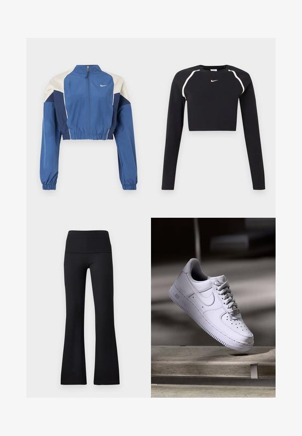 Ingekorte blauwe jas met kleurvlakken in wit en marineblauw, hoge kraag, rits aan de voorkant, elastische manchetten en een glanzende textuur. Nike-logo op de borst.; Zwarte lange mouwen cropped sporttop met witte gebogen schouderstrepen en klein wit Nike swoosh-logo in het midden van de borst.; Zwarte geribbelde uitlopende leggings met een brede tailleband, voorzien van een gladde textuur zonder zichtbare hardware of patronen.; Witte Nike Air Force 1 sneaker die zweeft boven een betonnen oppervlak met schaduwen in een minimalistische setting.