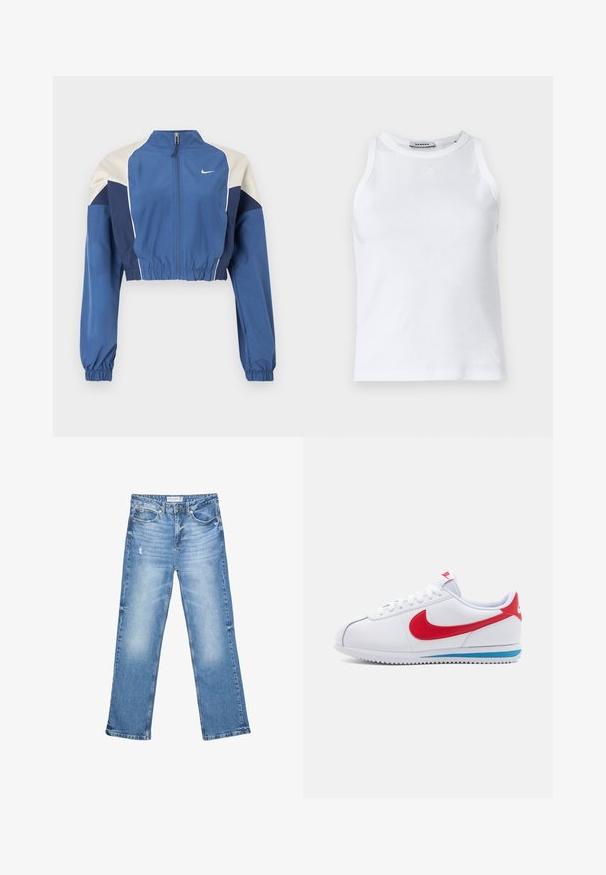 Ingekorte blauwe jas met kleurvlakken in wit en marineblauw, hoge kraag, rits aan de voorkant, elastische manchetten en een glanzende textuur. Nike-logo op de borst.; Witte geribbelde tanktop met een ronde halslijn, mouwloos ontwerp en een klein logo op de voorkant. Gladde textuur en getailleerde pasvorm.; Lichtblauwe denim jeans, recht model, vervaagde gebieden en subtiele slijtage. Voorzien van vijf zakken en een klassieke knoopsluiting.; Witte sneaker met een rode swoosh, blauwe accenten op de zool en witte veters. Gefesteerde bovenkant met gestikte details. Klassiek ontwerp.