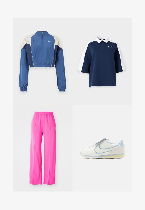 Beskåret blå jakke med hvid og marinefarvet farveblokering, høj krave, lynlås foran, elastiske ærmekanter og en skinnende tekstur. Nike-logo på brystet.; Navyblå og hvide kortærmede polo med hvid krave, halv lynlås foran og lille Nike-logo på venstre bryst.; Lyserøde, løstsiddende, letvægts sweatsbukser med elastisk talje og sidesømme. Har et lille logo nær den øverste venstre lår.; Hvide og lyseblå Nike Cortez sneakers med bølgede kanter på swooshen og en gul stribe på sålen, vist i sideprofil.