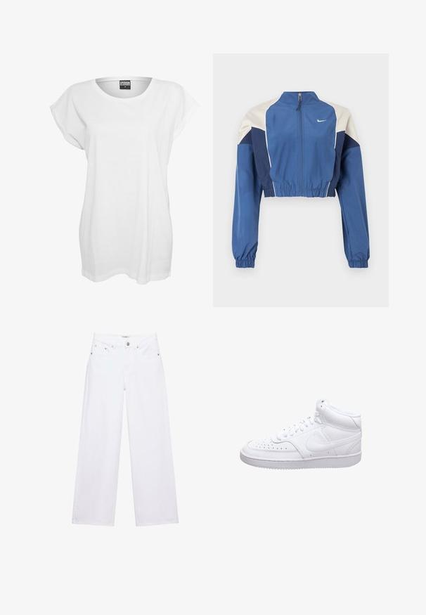 Veste bleue recadrée avec un bloc de couleurs blanc et marine, col montant, fermeture éclair avant, poignets élastiques et texture brillante. Logo Nike sur la poitrine.; T-shirt blanc à manches courtes en coton, présentant une coupe décontractée, un large décolleté et un design minimaliste sans motifs ni accents.; Jean blanc taille haute à jambes larges avec fermeture à boutons et zip, poches avant et arrière, et détails en rivets argentés.; Baskets montantes blanches avec un upper en cuir texturé, un bout perforé et une semelle en caoutchouc. Comprend un logo et des lacets blancs.