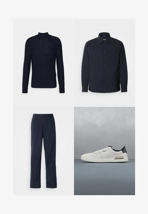 Marineblå jakke med knaplukning foran, klassisk krave, lange ærmer og en glat, mat tekstur samt sidelommer.; Marineblå strikket sweater med ribbet høj hals, lange ærmer og et subtilt frontlogo. Lavet af et glat, let materiale.; Mørkeblå bukser lavet af en bomuldsblanding. Har et lige ben design, en frontknaplukning og diskrete plisser. Glat tekstur.; Hvide lavtoppede sneakers med sort hæl, snørebånds lukning, subtile perforeringer og "BOSS" logo på siden, vist fra ydersiden i profil.