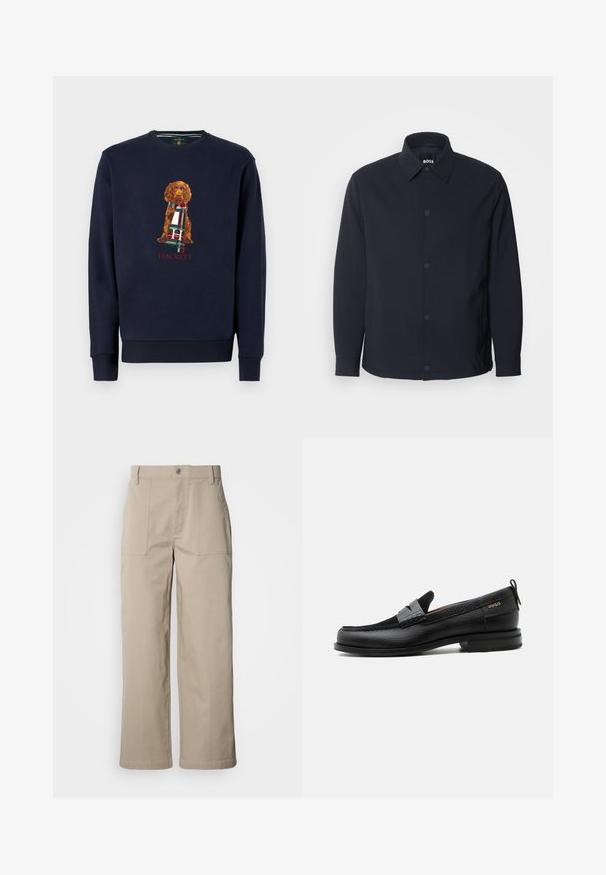 Marineblå jakke med knaplukning foran, klassisk krave, lange ærmer og en glat, mat tekstur samt sidelommer.; Marine sweatshirt med lange ærmer, der har en brun hund, der holder et ternet tørklæde; "Hackett" tekst nedenfor designet i rødt. Blødt bomuldsstof.; Beige bukser med vide ben lavet af bomuld; har forlommer, knaplukning og synlig syning langs kanterne.; Sort læderloafer med grå remdetalje, lav hæl og tekstureret sål, mærket med "HUGO" i guld på siden.