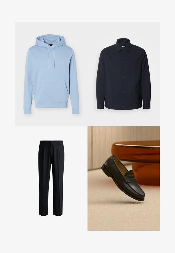Veste bleu marine avec un bouton sur le devant, un col classique, des manches longues et une texture lisse et mate, dotée de poches latérales.; Sweat à capuche bleu clair avec poche kangourou à l'avant et capuche à cordon de serrage, arborant un logo subtilement embossé sur la poitrine.; Pantalons noirs en tissu lisse, avec une coupe droite, des plis à l'avant et une fermeture à bouton avec passants de ceinture.; Chaussure mocassin en cuir noir suspendue au-dessus d’un tapis beige avec du mobilier moderne couleur ambre en arrière-plan.