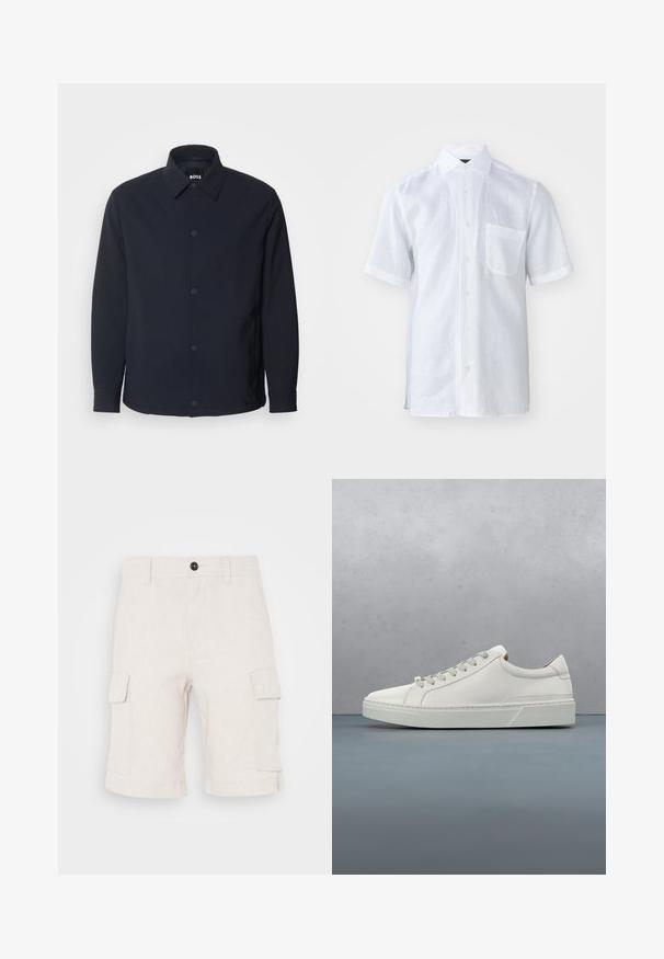 Veste bleu marine avec un bouton sur le devant, un col classique, des manches longues et une texture lisse et mate, dotée de poches latérales.; Chemise blanche à manches courtes en lin léger avec un col à bouton, une poche avant et une surface légèrement texturée.; Shorts cargo beiges en tissu léger, dotés de deux poches latérales et d'un ourlet replié. Fermeture à bouton à la taille.; Baskets en cuir blanc avec un bout arrondi, design minimaliste, lacets gris et semelle en caoutchouc gris texturé. Détails de couture subtils visibles.