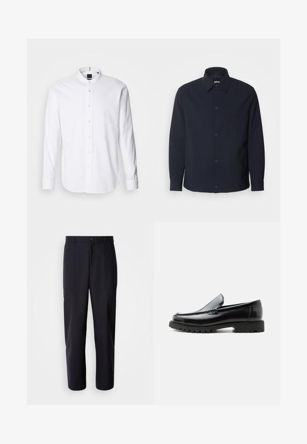 Veste bleu marine avec un bouton sur le devant, un col classique, des manches longues et une texture lisse et mate, dotée de poches latérales.; Chemise blanche à manches longues avec col bande, boutonnière à l'avant et ourlet arrondi. Fabriquée en coton, elle présente une texture lisse et un léger éclat.; Pantalons bleu marine foncé en tissu lisse, présentant une coupe droite, deux poches latérales et une fermeture à bouton à la taille.; Mocassin en cuir noir avec semelle en caoutchouc épaisse, dessus cousu et nom de marque embossé sur le talon, présenté de profil sur fond blanc.