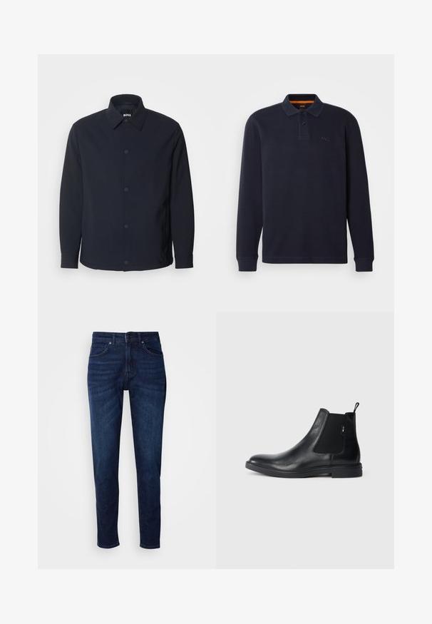 Marineblaue Jacke mit Knopfleiste, klassischem Kragen, langen Ärmeln und einer glatten, matten Textur sowie seitlichen Taschen.; Marineblaue langärmelige Poloshirt aus strukturiertem Stoff mit einer Knopfleiste am Hals. Verfügt über ein kleines gesticktes Logo auf der Brust.; Dunkelblaue Jeans aus Denim mit geradem Bein, ausgestattet mit Taschen und einem Knopfverschluss an der Taille. Weiche Textur, minimale Ausbleichungen.; Schwarze Leder Chelsea-Boots mit elastischen seitlichen Einsätzen, einer Zugschlaufe und einer flachen Gummisohle. Glatte Textur mit minimaler Ausgestaltung.