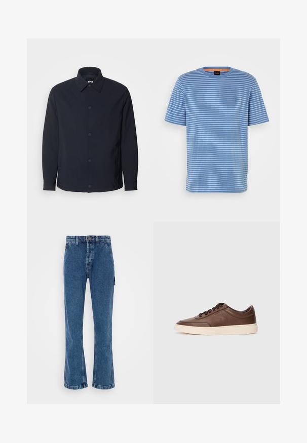 Marineblaue Jacke mit Knopfleiste, klassischem Kragen, langen Ärmeln und einer glatten, matten Textur sowie seitlichen Taschen.; Baumwoll-T-Shirt in Blau mit weißen horizontalen Streifen, Rundhalsausschnitt, kurzen Ärmeln und kleinem Logo-Detail auf der Vorderseite.; Hoch geschnittene, ausgestellt Jeans in mittlerem blauen Denim. Verfügt über einen Verschluss mit Vorderknopf, zwei Seitentaschen und eine aufgesetzte Tasche am Bein.; Braune Ledersneaker mit glatter Oberfläche, runder Zehenpartie und cremefarbener Gummisohle. Ausgestattet mit schwarzen Schnürsenkeln und dezentem Branding an der Seite.
