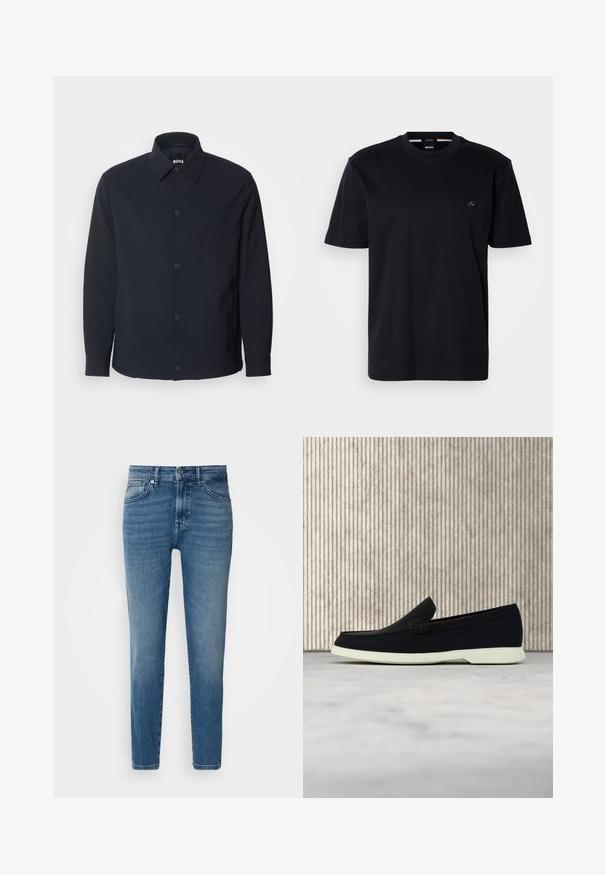 Marineblaue Jacke mit Knopfleiste, klassischem Kragen, langen Ärmeln und einer glatten, matten Textur sowie seitlichen Taschen.; Schwarzes T-Shirt mit kurzen Ärmeln aus weicher Baumwolle, mit Rundhalsausschnitt und kleinem, rundem Logo auf der Brust. Minimalistisches Design, keine Muster.; Helle blaue Denim-Jeans mit geradem Schnitt, traditionellem Fünf-Taschen-Design, Metallknopfverschluss und dezentem Verblassen an der Vorderseite.; Schwarzer Slipper mit runder Zehenpartie, präsentiert sich mit einem strukturierten Obermaterial, glatter weißer Sohle und einem dezenten Branding-Detail an der Seite.