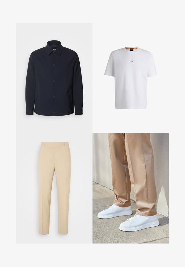 Marineblauwe jas met een knoopsluiting aan de voorkant, een klassieke kraag, lange mouwen en een gladde, matte textuur met zijzakken.; Witte katoenen T-shirt met korte mouwen, voorzien van een zwart "BOSS"-logo in het midden van de borst en een ronde halsontwerp.; Beige op maat gemaakte broek met een recht gesneden ontwerp, gemaakt van lichtgewicht stof, met twee voorzakken en nette, geplooide vouwen.; Witte leren sneakers met een gladde afwerking, ronde neuzen, witte veters en een minimalistisch ontwerp. Draag ze met lichtbruine, taps toelopende broeken.