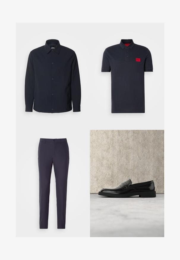 Marineblaue Jacke mit Knopfleiste, klassischem Kragen, langen Ärmeln und einer glatten, matten Textur sowie seitlichen Taschen.; Marineblaues Poloshirt aus Baumwolle, mit einer Knopfleiste mit drei Knöpfen, geripptem Kragen und Bündchen, sowie einem roten Logo-Patch auf der linken Brust.; Marineblaue Hose mit geradem Schnitt, aus einem glatten Stoff gefertigt. Verfügt über einen Knopfverschluss, seitliche Taschen und ein flaches Frontdesign.; Schwarzer, polierter Lederloafer, der über einem beigen Teppich schwebt, mit orangener, durchscheinender Möbel im Hintergrund.
