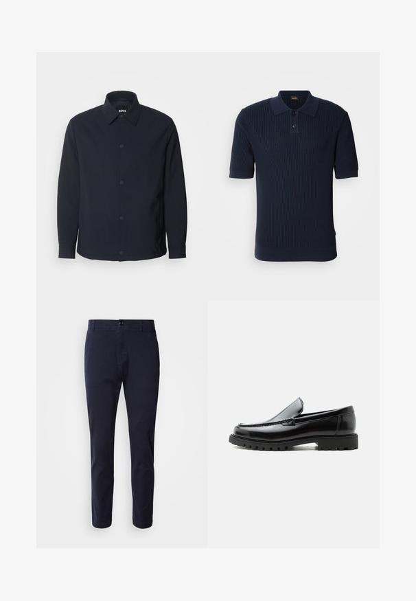 Chaqueta azul marino con cierre de botones en el frontal, cuello clásico, mangas largas y una textura suave y mate, con bolsillos laterales.; Camiseta polo de rayas azul marino con un panel de dos botones, mangas cortas y cuello plano. La tela tiene un acabado texturizado y una silueta ajustada.; BOSS SANDERSON - Pantalones - dark blue; Mocasín de cuero negro con suela de goma gruesa, empeine cosido y nombre de la marca en relieve en el talón, mostrado en perfil lateral sobre fondo blanco.