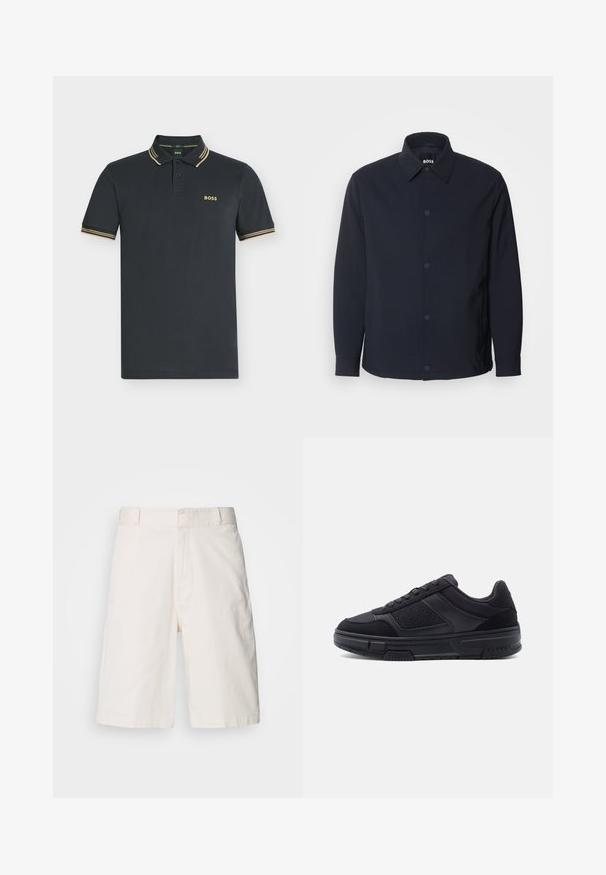 Marineblauwe jas met een knoopsluiting aan de voorkant, een klassieke kraag, lange mouwen en een gladde, matte textuur met zijzakken.; Donker marineblauw polohemd met korte mouwen en beige dubbele strepen op kraag en mouwen, met het "BOSS"-logo op de linkerborst.; Witte katoenen shorts met een ontspannen pasvorm, voorzien van twee voorkruiszakken, een ritssluiting en een gladde textuur. Schoon, eenvoudig ontwerp zonder patronen.; Zwarte lage sneaker met veters aan de voorkant, getextureerde zijpanelen en dikke rubberen zool, in profiel weergegeven tegen een effen achtergrond.