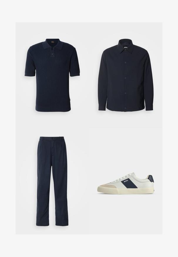 Veste bleu marine avec un bouton sur le devant, un col classique, des manches longues et une texture lisse et mate, dotée de poches latérales.; Polo shirt en bleu marine à côtes avec un plastron à deux boutons, des manches courtes et un col plat. Le tissu a une finition texturée et une silhouette ajustée.; Pantalon bleu marine en mélange de coton. Présente une coupe droite, une fermeture à bouton sur le devant et de légères plis. Texture douce.; Baskets basses blanches avec bout beige, bande latérale bleu marine marquée BOSS, lacets blancs et semelle en caoutchouc sur fond neutre.