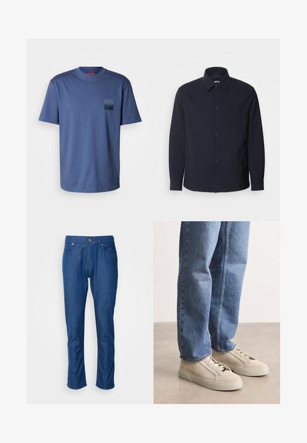 Marineblaue Jacke mit Knopfleiste, klassischem Kragen, langen Ärmeln und einer glatten, matten Textur sowie seitlichen Taschen.; Blaues kurzärmliges T-Shirt aus weicher Baumwolle, mit einer quadratischen Tasche und einem dunkelblauen Logo. Klassisches Rundhalsdesign.; Blaue Jeanshose mit geradem Bein, Fronttaschen und einem einzelnen Knopfverschluss. Glatte Textur mit minimaler Detailgestaltung.; BOSS GARYTENN_SDHDEL - Sneaker low - natural ten