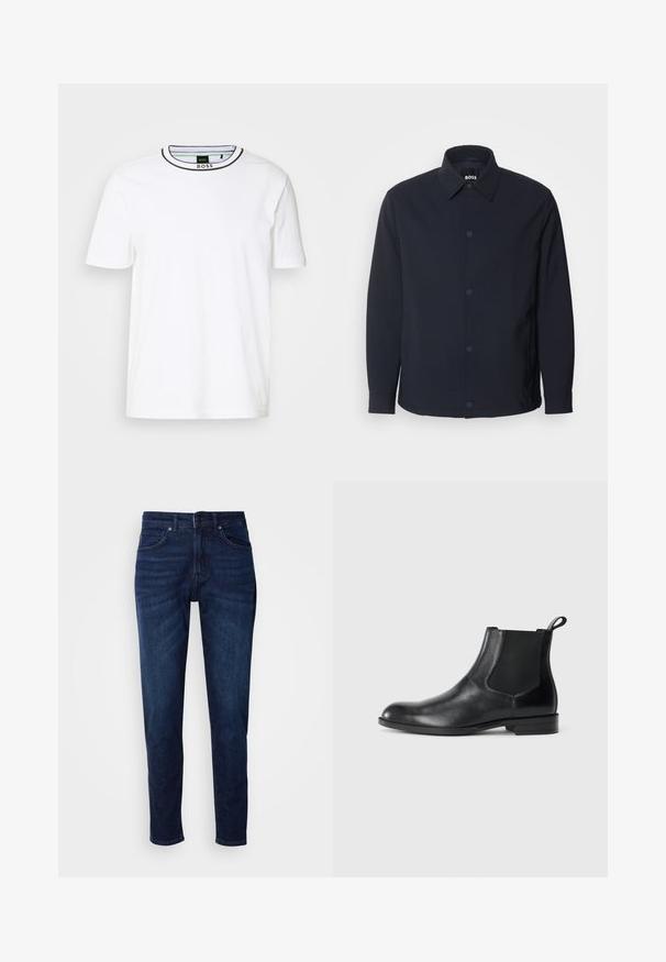 Chaqueta azul marino con cierre de botones en el frontal, cuello clásico, mangas largas y una textura suave y mate, con bolsillos laterales.; Camiseta de algodón blanca con un cuello redondo que presenta una franja negra en contraste. Mangas cortas y un corte relajado. Etiqueta BOSS en el interior del cuello.; Jeans de mezclilla azul oscuro con un diseño de pierna recta, que cuentan con bolsillos y un cierre de botón en la cintura. Textura suave, detalles de desvanecimiento mínimos.; Botín negro de cuero hasta el tobillo con paneles elásticos a los lados, punta redondeada y lengüeta. Textura suave, suela plana, diseño minimalista.