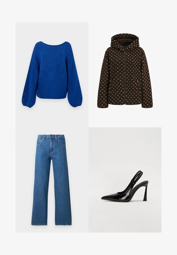 Veste en polaire marron à pois blancs, manches longues, fermeture éclair intégrale à l'avant et capuche attachée, présentée sur un fond blanc.; Pull en tricot bleu avec un large col bateau, des manches ballons amples et une finition texturée. L'ourlet court accentue la coupe décontractée.; Jean bleu taille haute à jambes larges avec poches avant, passants de ceinture, fermeture par bouton, et coutures visibles sur fond blanc.; Escarpin en cuir verni noir à talon aiguille, à bout pointu, avec une sangle élastique double pour un maintien sécurisé. Surface lisse et brillante.