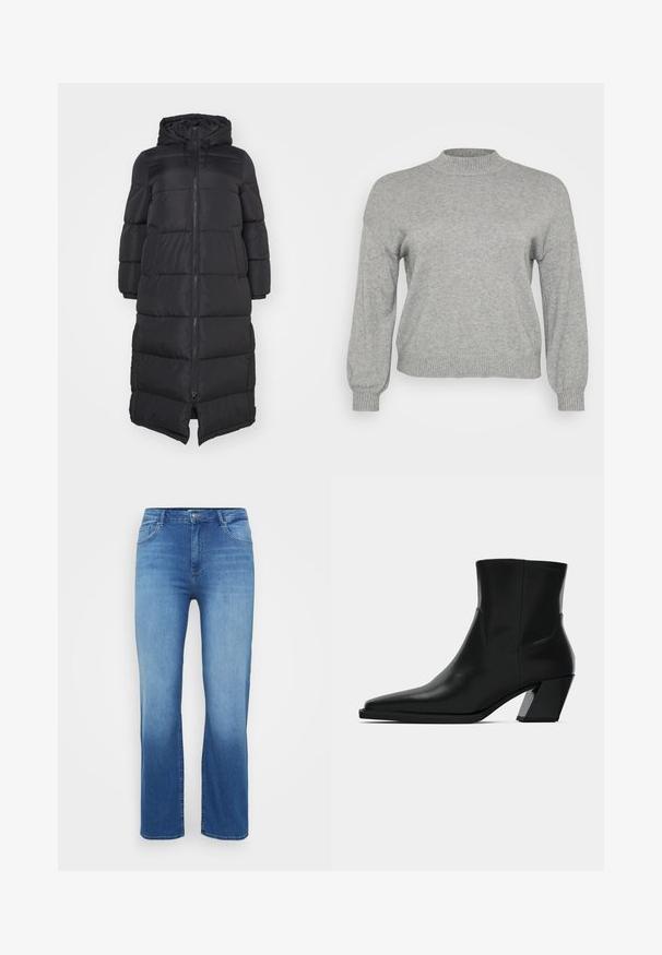 Sort puffet jakke med hætte, der har en frontlynlås og quiltede sektioner til isolering. Knelang design. Glat ydre tekstur.; Lysegrå strikket sweater med lange ærmer, ribbestrikket rund hals, manchetter og kant, præsenteret på en hvid baggrund.; Lysblå denimjeans med lige snit, fem-lomme design og en slidt effekt ved kanten. Knaplukning i taljen.; Sortlæder ankelstøvle med spids tå, en slank silhuet og en kraftig firkantet hæl. Glat tekstur med minimale stikninger.
