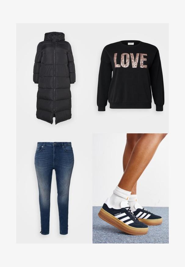 Must must coat kapuutsiga, millel on ees lukuga kinnitamine ja soojendamiseks tikitud osad. Kuni põlveni ulatuv disain. Sile välimine tekstuur.; ONLY Carmakoma CARKATYA LOVE O NECK - Pusa - black; Tumed denim teksad, sobiva disainiga, viie tasku, kontrastses õmbluses ja lukuga detailiga sääreosas.; Jalad valgete sokkide ja mustade Adidas Gazelle tossudega, millel on valged triibud ja paksud pruunid tallad, halli vaibaga põrandal.