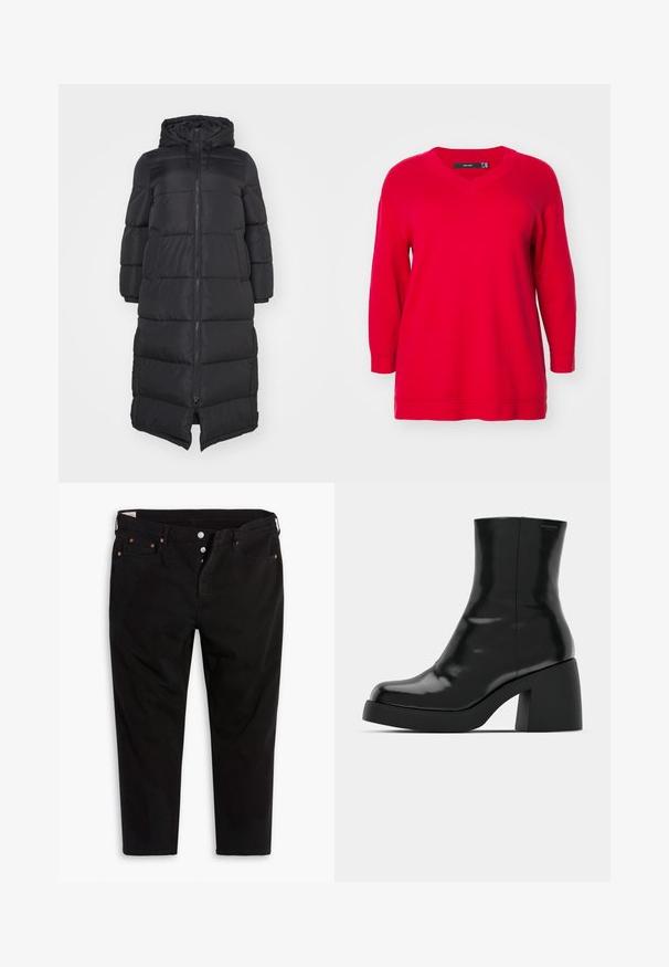 Schwarze Pufferjacke mit Kapuze, ausgestattet mit einem frontalen Reißverschluss und gesteppten Abschnitten für Isolierung. Knielanges Design. Glatte Außenstruktur.; Roter Pullover mit langen Ärmeln und V-Ausschnitt, der einen lockeren Schnitt und gerippte Bündchen aufweist, aus weichem Strickstoff gefertigt.; Schwarze Jeanshose mit geradem Bein. Verfügt über fünf Taschen, Metallknopfverschluss und orangefarbene Nähtigkeiten. Aus Baumwollmaterial.; Schwarze Stiefeletten mit glänzender Oberfläche, quadratischer Zehenpartie und dicker Blockabsatz. Das Design zeichnet sich durch eine nahtlose Silhouette und minimalistische Markenkennzeichnung aus.
