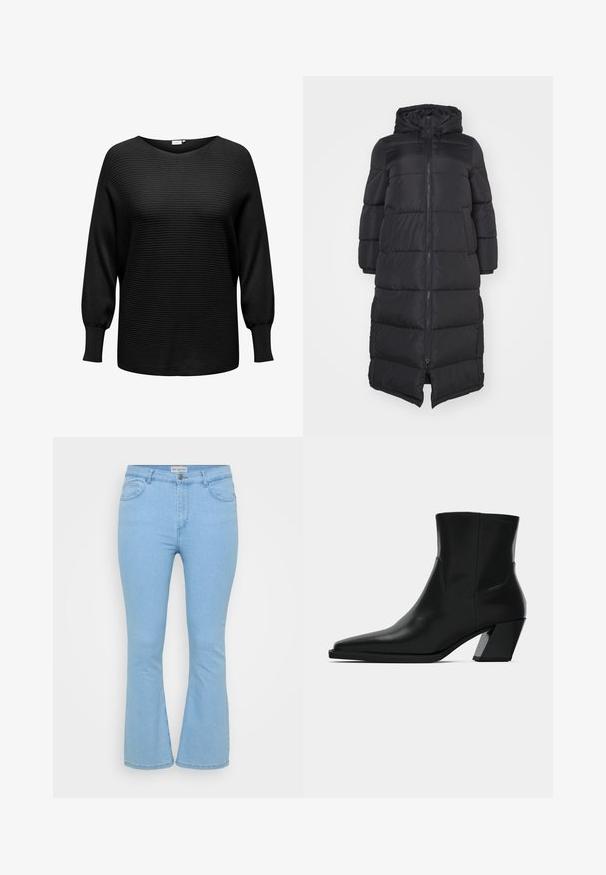 Abrigo de plumas negro con capucha, que cuenta con una cremallera frontal y secciones acolchadas para aislamiento. Diseño hasta la rodilla. Textura exterior suave.; Jersey negro de pullover con textura acanalada, escote ancho y mangas largas ligeramente abullonadas. Fabricado en una tela suave y elástica.; Jeans acampanados de color azul claro en tejido de denim. Cuenta con un cierre delantero de botones, cinco bolsillos y detalles de costura a lo largo de las costuras.; Bota de tobillo de cuero negro con punta afilada, una silueta elegante y un tacón cuadrado grueso. Textura suave con detalles de costura mínimos.