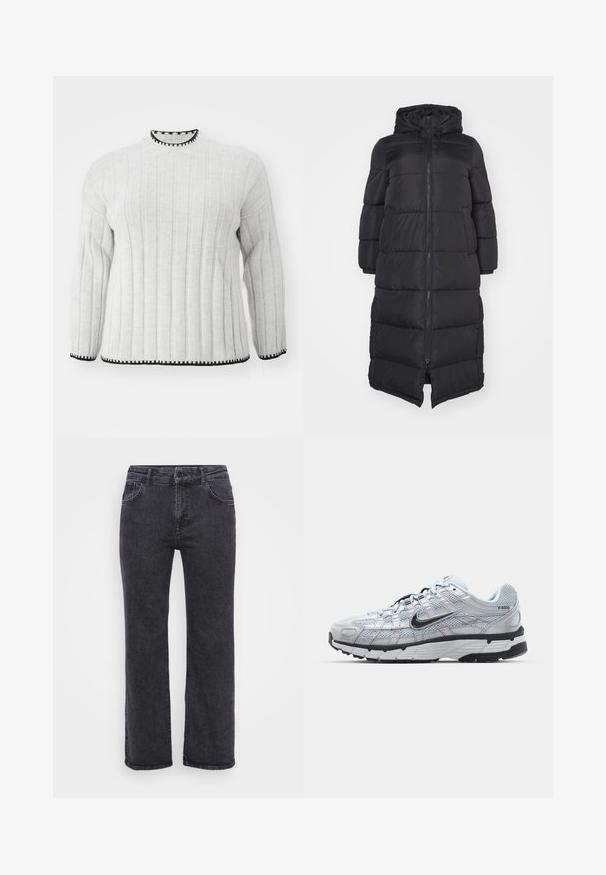 Sort puffet jakke med hætte, der har en frontlynlås og quiltede sektioner til isolering. Knelang design. Glat ydre tekstur.; Lys grå ribbet sweater med lange ærmer, der har en sort kant ved den høje halsudskæring og kanten. Blød tekstur og afslappet design.; Sorte denim jeans med lige ben design, fem lommer og knaplukning. Stoffet har en let falmet tekstur og robust syning.; Nike P-6000 sneakers med en lys grå mesh overdel, sorte accenter og en holdbar sort gummisål. Har et detaljeret design og snøresystem.