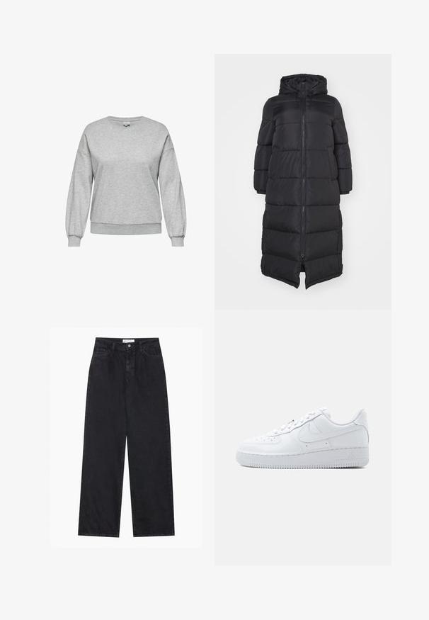 Schwarze Pufferjacke mit Kapuze, ausgestattet mit einem frontalen Reißverschluss und gesteppten Abschnitten für Isolierung. Knielanges Design. Glatte Außenstruktur.; Grauer Sweatshirt aus einem Baumwollmischmaterial, mit Rundhalsausschnitt, langen Ballonärmeln und gerippten Bündchen und Saum.; Schwarze hoch geschnittene, weit geschnittene Jeans aus Denim mit Vorderknopf- und Reißverschluss, Gürtelschlaufen und fünf Taschen.; Weißer Nike Air Force 1 Sneaker mit niedrigem Schaft, Schnürverschluss, perforierter Zehenbox und dem charakteristischen Swoosh-Logo an der Seite.