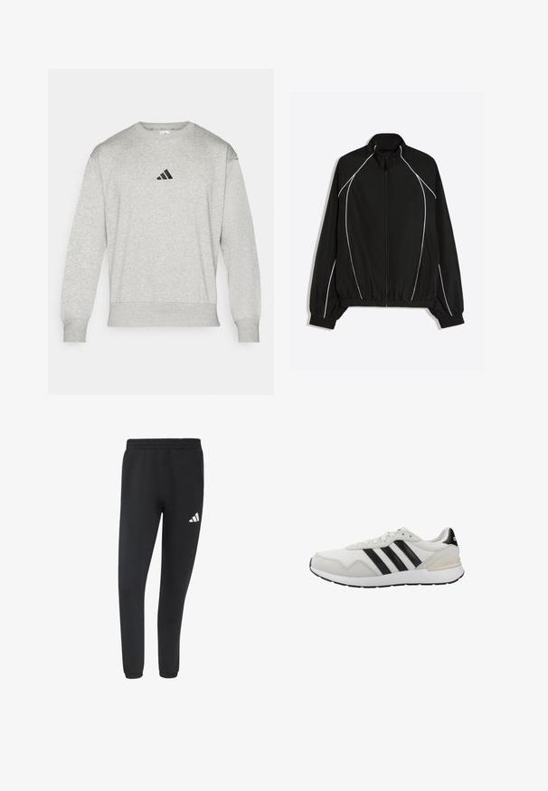Zwart sportjack met ritssluiting, witte biezen langs de mouwen en voorkant, elastische boorden en taille, en een opstaande kraag.; Grijze sweatshirt van een katoenmix, met ribbels aan de manchetten en onderkant, en een klein zwart Adidas-logo op de borst. Klassiek ontwerp met ronde hals.; Zwarte atletische joggerbroek met elastische tailleband en boorden, met een klein wit Adidas-logo op de rechterdij.; Witte sportschoenen met zwarte strepen. Gemaakt van mesh en suède, voorzien van een rubberen zool en een gevoerde kraag voor comfort. Klassiek ontwerp.