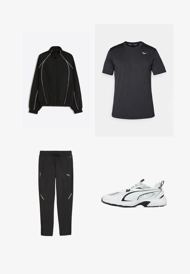 Veste de sport noire zippée avec passepoil blanc le long des manches et sur le devant, poignets et taille élastiques, et col montant.; T-shirt de sport noir à manches courtes en tissu lisse, avec un col rond et un logo discret sur la poitrine.; Pantalon de sport noir Puma avec taille élastique, cordon, poches latérales zippées et logo Puma blanc sur la jambe droite.; Baskets de sport blanches avec des accents noirs et argentés, en matériaux en maille et synthétiques, tige texturée, semelle rembourrée et design à lacets.