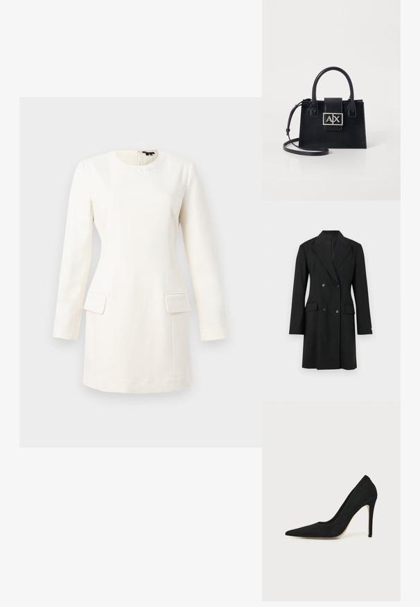 Schwarzes, doppelt geknöpftes Blazerkleid mit Kerbkragen, langen Ärmeln, zwei aufgesetzten Taschen vorne und vier schwarzen Knöpfen.; Weißes Langarmkleid mit rundem Halsausschnitt, taillierter Silhouette, zwei vorderen Taschen und einem dezent geprägten Logo am Hals. Sanfte Stofftextur.; Schwarzer High-Heel Stiletto-Pumps mit spitzer Kappe und glatter Oberfläche, seitlich auf hellem, einfachem Hintergrund gezeigt.; Schwarze Lederhandtasche mit strukturiertem Design, oberen Griffen und einem abnehmbaren Schulterriemen. Sie verfügt über eine silberfarbene Logo-Plakette und eine glatte Textur.