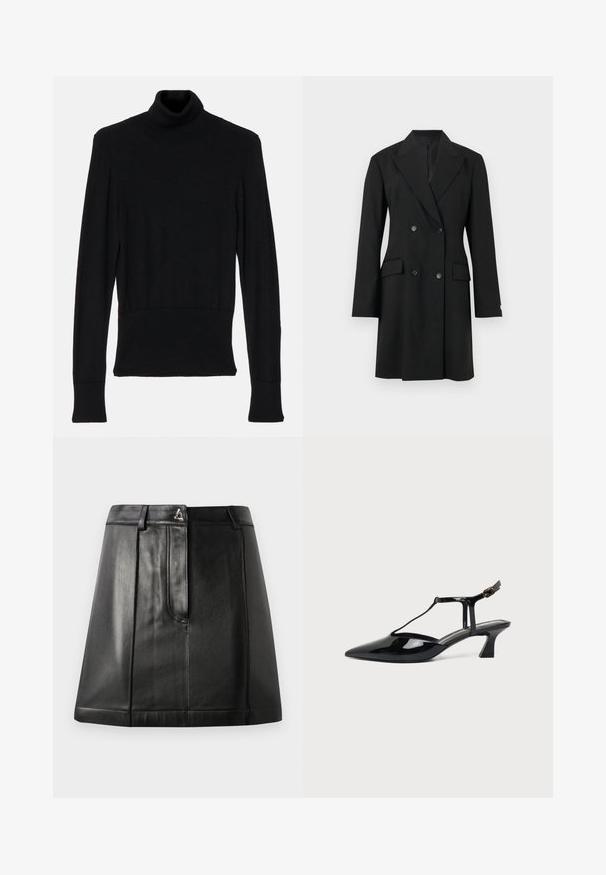 Schwarzes, doppelt geknöpftes Blazerkleid mit Kerbkragen, langen Ärmeln, zwei aufgesetzten Taschen vorne und vier schwarzen Knöpfen.; AERON TENDER LONG SLEEVED - Strickpullover - black; Schwarzer Lederrock mit strukturiertem Schnitt, ausgestattet mit einer Vordertasche und einem metallischen Akzent an der Taille. Glatte Textur und genähte Details.; Schwarzer Slingback-Damenschuh aus Lackleder mit niedrigem Absatz, spitzer Spitze und dünnem Riemen mit kleiner Schnalle.