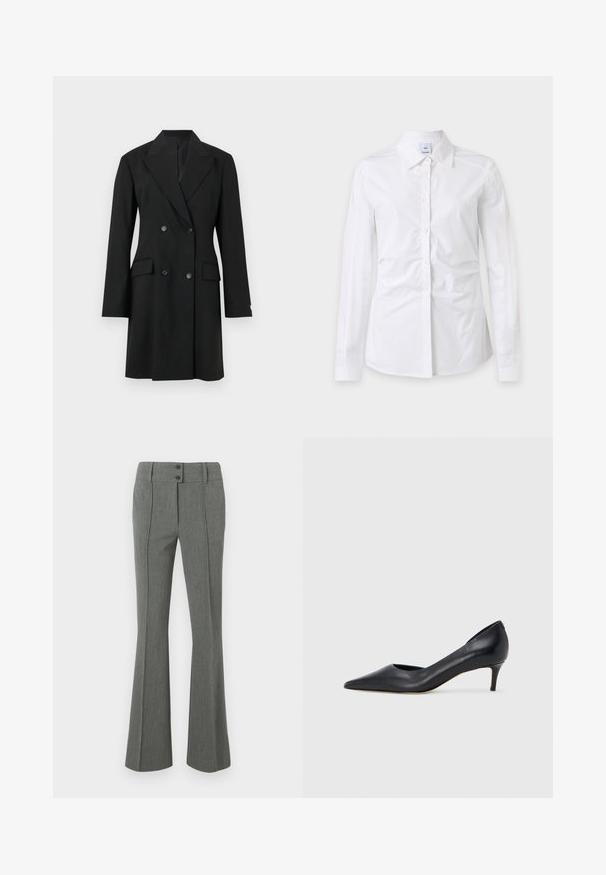 Robe blazer croisée noire avec revers à crans, manches longues, deux poches avant à rabat et quatre boutons noirs.; Chemise blanche à manches longues avec boutons et col, tissu légèrement froissé et étiquette de marque visible à l'intérieur du col.; Pantalon gris évasé en tissu texturé. Comprend deux boutons à la taille et des coutures décoratives à l'avant.; Escarpin en cuir noir avec un bout pointu et un talon bas. Présente une texture lisse et un éclat subtil. Découpe ouverte à l'avant pour un détail supplémentaire.