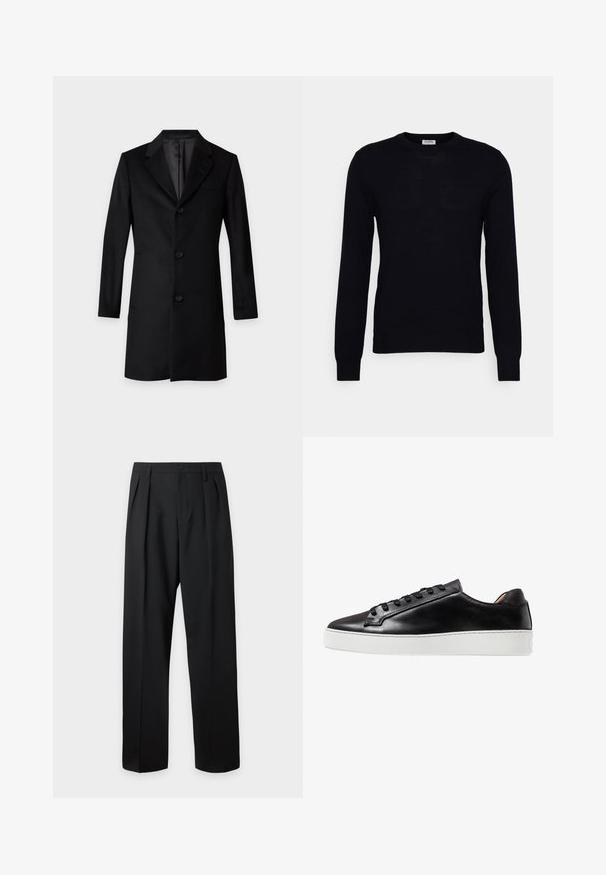 Abrigo largo negro a medida con tres botones delanteros y cuello solapa con muesca sobre fondo blanco.; Suéter negro de manga larga hecho de un suave material de punto. Escote redondo, puños y dobladillo acanalados. Diseño minimalista sin patrones ni botones visibles.; Pantalones negros de talle alto y corte sastre, con presillas para cinturón, pliegues delanteros, cierre de botones y piernas anchas y rectas sobre un fondo claro.; Zapatilla de cuero negra con un acabado suave, que presenta una suela de goma blanca, cierre de cordones y acentos de diseño minimalista.