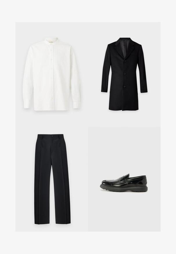 Sort langt skræddersyet overfrakke med tre forreste knapper og hakket reverskrave på hvid baggrund.; CLOSED COLLARLESS SHIRT - Skjorter - white; Sorte skræddersyede bukser med lige ben, forreste folder, bæltestropper og knaplukning ved taljen.; Sort læderloafer med en blank finish, rund tå, subtile syninger og en tyk gummisål for holdbarhed.