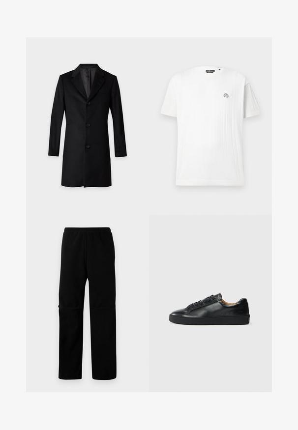 Zwarte lange getailleerde overjas met drie knopen aan de voorkant en een ingesneden reverskraag op een witte achtergrond.; Wit kortarmig gebreid T-shirt met een verticaal geribbeld patroon aan de rechterkant en een klein zwart geborduurd logo op de borst.; Zwarte fleece broek met een elastische tailleband en rechte pijpen. Gedeelte textuur zonder zichtbare patronen of hardware.; Zwarte leren sneaker met een gladde textuur, ronde neus en vetersluiting. Heeft een dikke rubberen zool en minimale merkaanpassing.