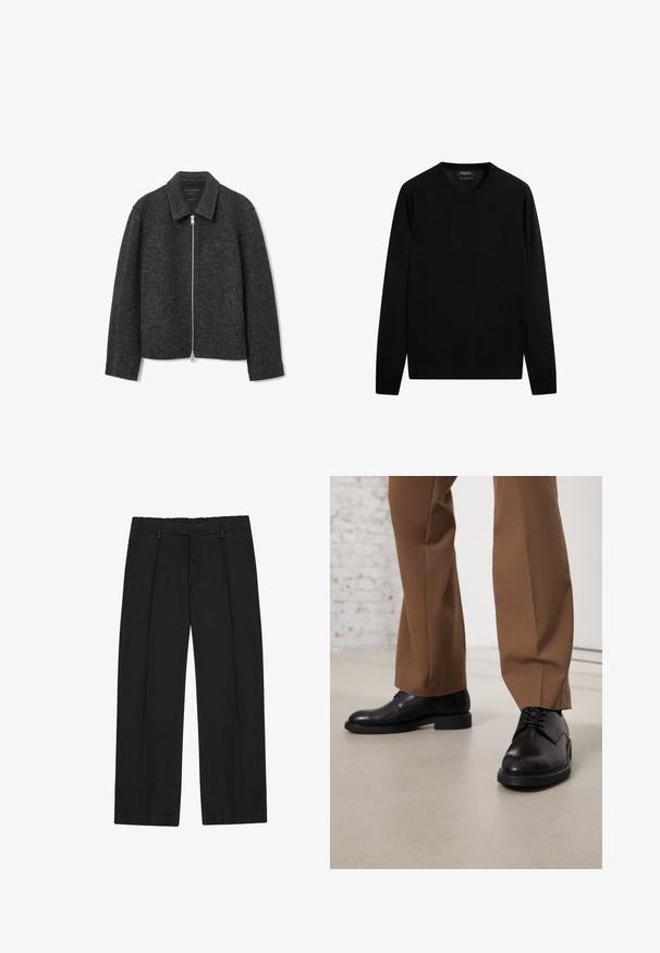 Grijze wollen blend jas met een kraaghals, voorrits, lange mouwen en zijzakken. Glad textuur met een klassiek ontwerp.; Zwarte, lange mouwen, ronde hals trui met geribde kraag, manchetten en zoom, plat gelegd op een witte achtergrond.; Zwarte broek met een rechte pijp, voorzien van plooien, zijzakken en een platte tailleband. Gemaakt van gladde stof met een matte afwerking.; Zwarte leren schoenen met een gladde oppervlakte en een ronde neus, metveterafsluiting en een lage, platte zool. Gecombineerd met bruine broeken.