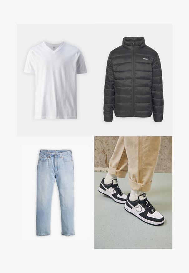 Doudoune noire avec un col montant, texture matelassée horizontale, fermeture éclair à l'avant et poches latérales. Présente un petit logo sur la poitrine.; T-shirt blanc à manches courtes et décolleté en V en coton. Présente un design sobre avec une texture lisse et une coupe décontractée.; Jean en denim bleu clair avec une coupe droite, style cinq poches et coutures contrastantes. Fermeture à bouton et à glissière à la taille.; Baskets Nike Air Force 1 en noir et blanc avec un dessus en cuir, orteil perforé et détail de semelle texturée, portées avec un pantalon beige retroussé et des chaussettes blanches.