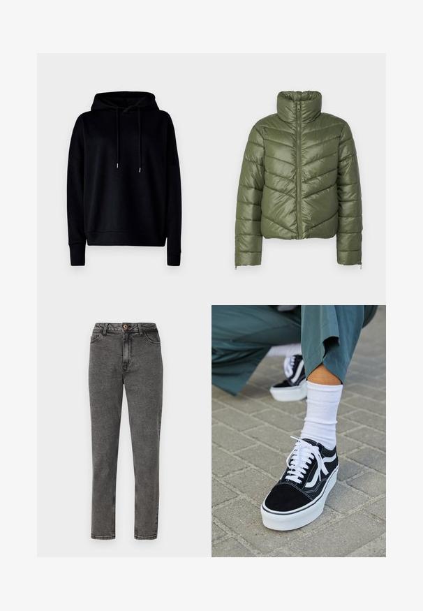 Chaqueta acolchada verde oliva con cuello alto, cremallera frontal y costuras en forma de chevron. Presenta puños elásticos y una silueta corta.; Sudadera con capucha negra hecha de tela suave, con un corte holgado, puños acanalados y cordones ajustables. Textura suave sin patrones.; Jeans de denim gris con pernera recta, que presentan un único botón de cobre, bolsillos delanteros y detalles de costura visibles.; Zapatillas de ante negro con acentos y cordones blancos, que cuentan con una gruesa suela blanca y costuras en contraste, combinadas con un calcetín blanco.