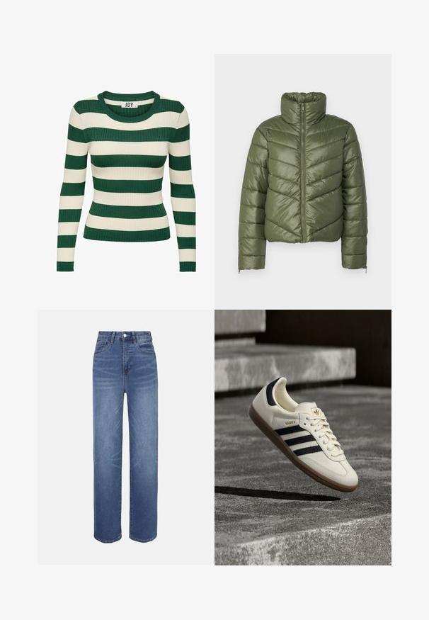 Olivengrøn pufferjakke med høj krave, frontlynlås og chevron-syninger. Den har elastiske manchetter og en cropped silhuet.; Grøn- og cremefarvet striped, ribbet langærmet trøje med rund halsudskæring og tætsiddende facon, med kontrasterende strikstruktur.; Lyseblå denimjeans med højtaljet, lige ben, fem-lomme-design og subtile falmede detaljer i hele stoffet.; Hvid Adidas Samba sneaker med sorte striber og gummsål, svævende over teksturerede grå betonstrin.