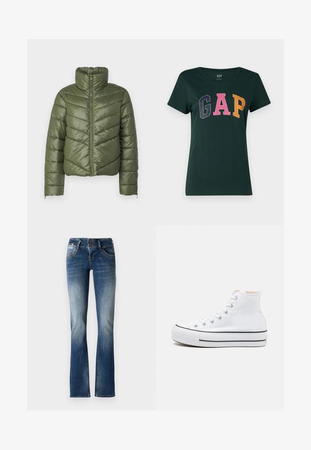 Olivengrøn pufferjakke med høj krave, frontlynlås og chevron-syninger. Den har elastiske manchetter og en cropped silhuet.; Mørkegrøn bomulds t-shirt med rund hals, der har ordet "GAP" i store, flerfarvede blokbogstaver: marineblå, pink og orange.; Blå denim flared jeans med en let falmet vask, to-knaps lukning og dekorativ broderi på forlommerne.; Hvide høj-top sneakers lavet af kanvasmateriale, sort gummisål og kontrasterende sort stribe på mellemsålen. Rund tåhætte og snørebåndsdesign.
