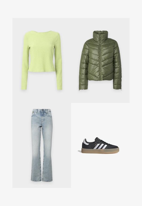 Chaqueta acolchada verde oliva con cuello alto, cremallera frontal y costuras en forma de chevron. Presenta puños elásticos y una silueta corta.; Top corto de manga larga en tejido verde claro texturizado con escote barco y silueta ligeramente entallada. Sin patrones ni acentos visibles.; Jeans de mezclilla de lavado claro con corte acampanado y una cintura alta, que cuentan con cinco bolsillos y un mínimo de herrajes. La tela tiene una textura suave y un acabado desgastado.; Zapatilla deportiva de cuero negro con tres rayas plateadas, punta texturizada y suela de goma. Cuenta con un collar acolchado y un diseño con cordones.