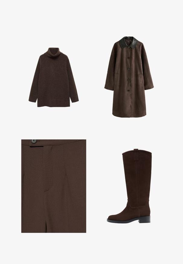 Mørkebrun lang frakke med sort læderkrave, knaplukning foran og to sidelommer, vist på hvid baggrund.; Brun turtle neck sweater lavet af blødt strikstof. Har lange ærmer og en afslappet pasform med høj krave for ekstra varme.; Nærbillede af mørkebrune skræddersyede bukser med en knap og linning synlig øverst.; Høj mørkebrun ruskindsstøvle med lav stablet hæl og rundet tå, med en trækkemærke øverst på skaftet.