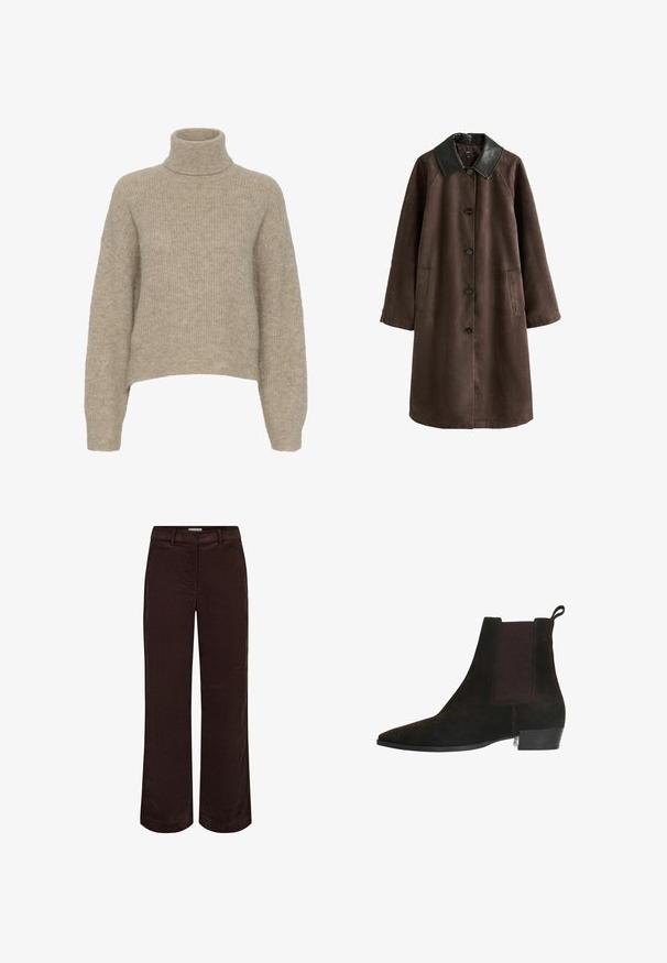 Manteau long marron foncé avec col en cuir noir, fermeture à boutons devant, et deux poches latérales, présenté sur fond blanc.; Pull en tricot beige avec un col roulé, texture côtelée, épaules tombantes et une coupe courte. Matière douce et légère.; Pantalons larges marron en tissu lisse, avec une coupe droite et une taille standard, conçus pour un ajustement décontracté.; Bottine en suede marron avec un bout pointu, des panneaux latéraux élastiques et un petit talon en bloc. Présente des coutures contrastantes et une languette de tirage.