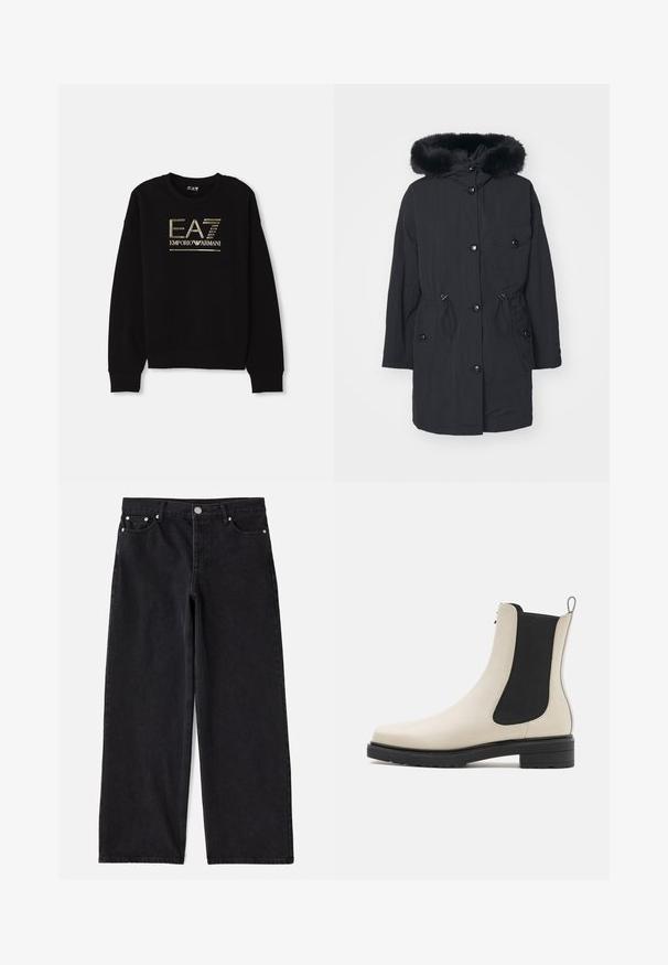 Zwarte parka met een nepbont capuchon, voorzien van een verticale rits, drukknoopsluiting, trekkoord in de taille en zijzakken. Glad, lichtgewicht stof.; Zwarte sweatshirt met een opvallend gouden metallic logo "EA7 Emporio Armani" op de voorkant, met geribde mouwen en zoom.; Zwarte denim wijd-uitlopende jeans met vijf zakken, knoopsluiting en zilverkleurige details. Heeft een schone, op maat gemaakte silhouet en een subtiele textuur.; Witte leren enkellaars met elastische zwarte panelen, ronde neus, gestructureerde zool en geïntroduceerde lus bij de hiel. Heeft een slank ontwerp.