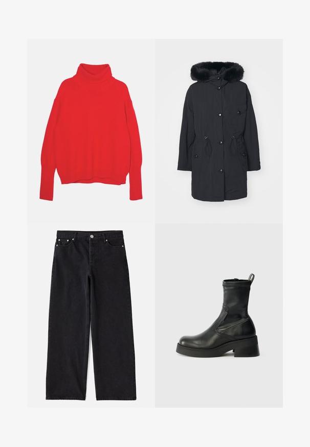 Sort parka med faux fur hætte, med frontlynlås, trykknapper, snoreliv og sidelommer. Glat, letvægts stof.; Rød strikket turtle neck trøje med en afslappet pasform, lange ærmer, ribbede manchetter og kant. Glat tekstur og ensfarvet hele vejen igennem.; Sorte denim wide-leg jeans med fem lommer, knaplukning og sølvhardware. Har en ren, skræddersyet silhuet og subtil tekstur.; Sorte læder ankelstøvler med rund tå, lynlås i siden, lav blokhæl og pæn syning. Tekstureret overflade med en glat finish.