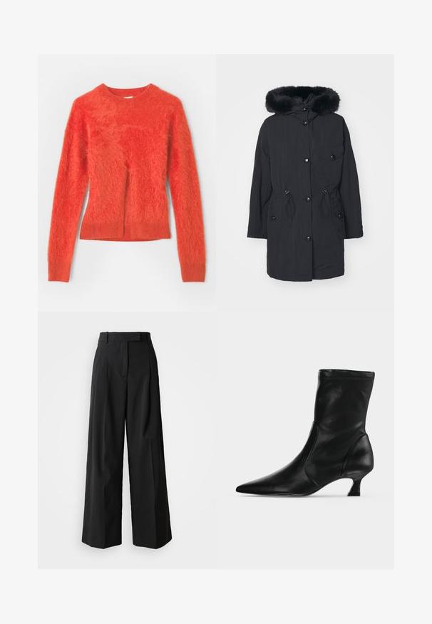 Parka noire avec capuche en fausse fourrure, dotée d'une fermeture éclair à l'avant, de boutons-pression, d'une taille à cordon de serrage et de poches latérales. Tissu lisse et léger.; Pull rouge en peluche avec des manches longues et un col rond. Présente une coupe légèrement oversize et un ourlet côtelé en bas.; Pantalons noirs à jambe large en tissu lisse avec une taille haute, dotés de deux plis frontaux et d'une coupe ajustée.; Botte mi-mollet en cuir noir avec bout pointu et petit talon kitten, vue de profil sur un fond clair uni.