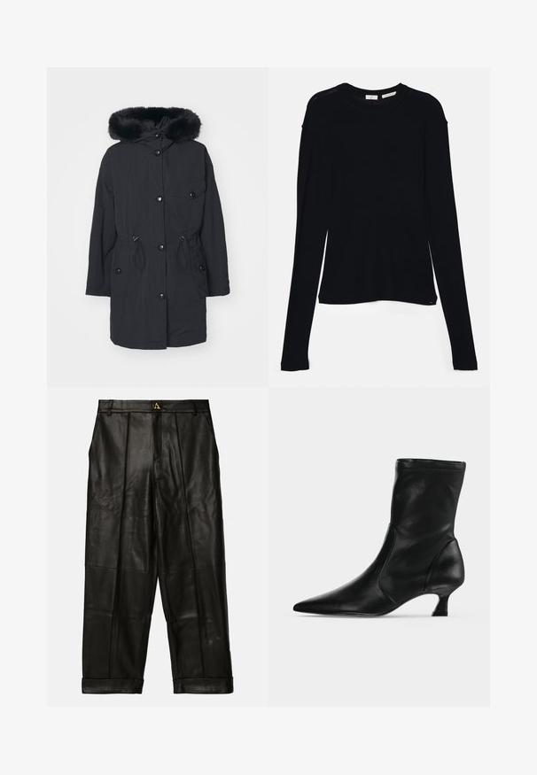 Sort parka med faux fur hætte, med frontlynlås, trykknapper, snoreliv og sidelommer. Glat, letvægts stof.; Sort langærmet bluse lavet af blødt stof, med rund halsudskæring og en afslappet pasform med sideslids i kanten for nem bevægelse.; AERON ZIMA PANTS - Skindbukser - black; Sort læderstøvle til midt på læggen med spids tå og lav kittenhæl, vist fra siden på en ensartet lys baggrund.