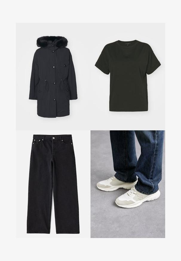Parka noire avec capuche en fausse fourrure, dotée d'une fermeture éclair à l'avant, de boutons-pression, d'une taille à cordon de serrage et de poches latérales. Tissu lisse et léger.; AllSaints LISA TEE - T-shirt basique - black; Jean en denim noir à jambes larges avec cinq poches, fermeture à bouton et accessoires en métal argenté. Offre une silhouette propre et ajustée ainsi qu'une texture subtile.; Baskets en gris clair et beige doux en maille avec des accents en daim. Dotées d'un design à lacets et d'une épaisse semelle en caoutchouc blanc. Portées avec un jean bleu.
