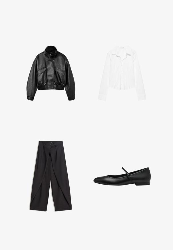 Veste en cuir noire avec col montant, boutons-pression à l’avant, deux grandes poches avant à rabat, ourlet et poignets côtelés.; Chemise blanche à manches longues avec col, taille légèrement cintrée et poignets boutonnés, présentée sur fond blanc.; Pantalon noir à jambes larges avec plis avant, deux boutons à la taille et poches latérales inclinées, présenté à plat sur fond blanc.; Ballerines en cuir noir avec un bout rond, une sangle unique sur le coup de pied et un petit talon rectangulaire. Texture lisse.